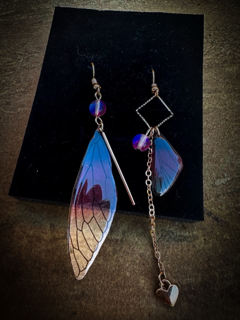 Whimsical Asymmetrical Fairy Wing & Geometric Dangle Earrings - Purple & Gold